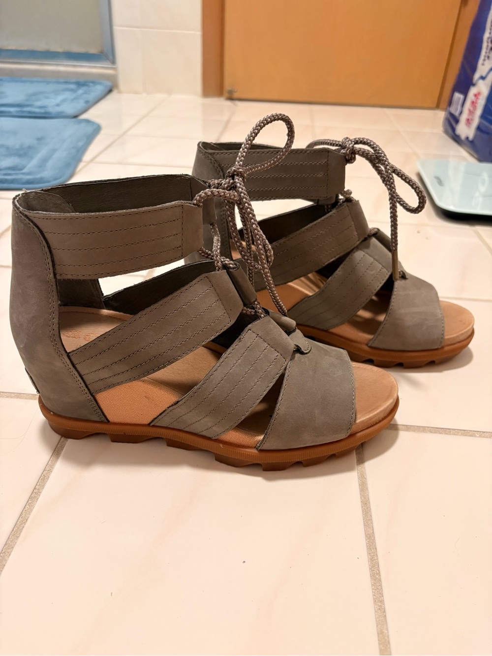 Sorel Gray Lace-Up Gladiator Sandals with Tan Sole
